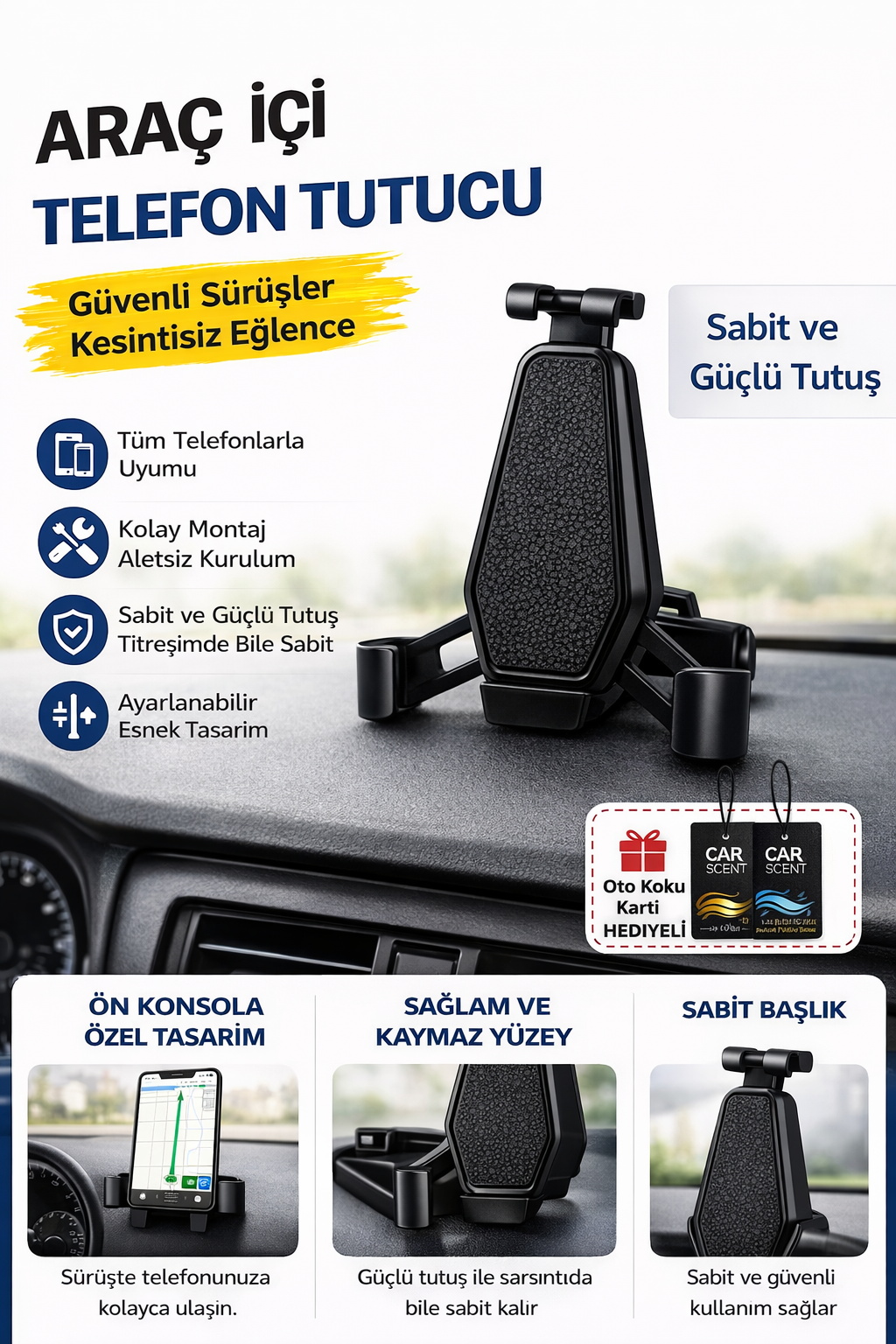Araç İçi Telefon Tutucu + Oto Koku Kartı Hediyeli