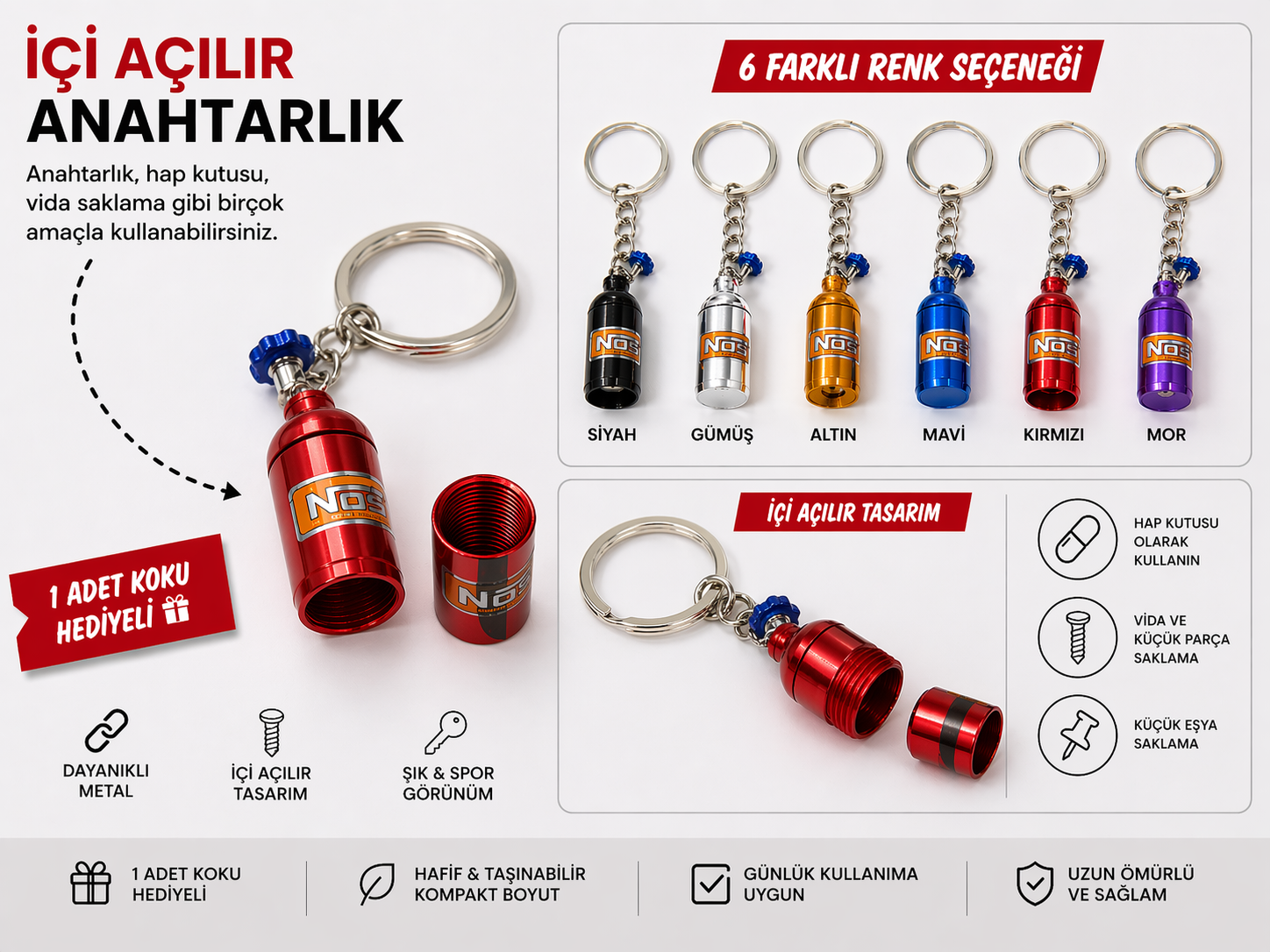 NOS Tasarımlı İçi Açılır Metal Anahtarlık | Mini Saklama Kutusu | 6 Renk Seçenekli | Oto Koku Hediyeli