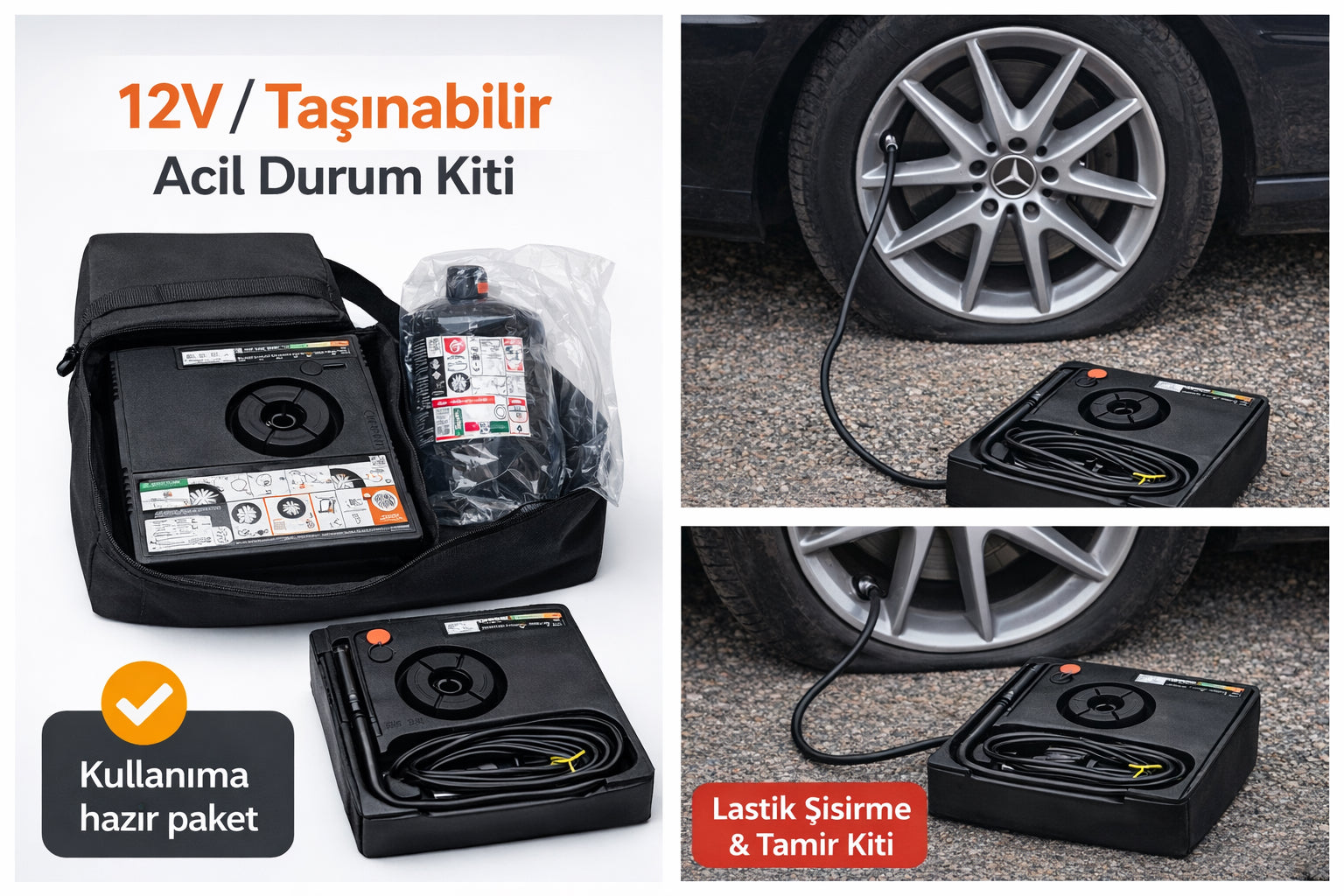 12V Taşınabilir Lastik Şişirme Pompası ve Tamir Kiti – Çantalı – Tüm Araçlara Uyumlu – HEDİYELİ