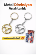 Araba Anahtarlığı Şık Metal Direksiyon Oto Anahtarlık + 2 Oto Koku Kartı Hediyeli