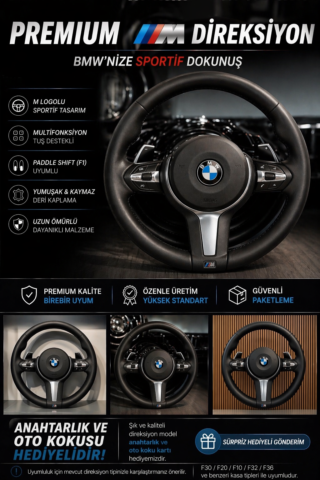 BMW F30 F20 F32 M Sport Direksiyon ( Oto Koku Kartı ve Anahtarlık Hediyeli )